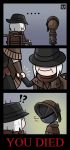  !? ... 2boys 3koma alternate_costume bloodborne bonnet colored comic commentary english english_commentary gehrman_the_first_hunter gloves hat highres hunter_(bloodborne) lee-sanixay multiple_boys plain_doll scarf silent_comic sitting smile sweatdrop top_hat tug wheelchair white_hair 
