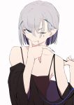  1girl antennae bare_shoulders blue_eyes camisole fingernails grey_hair looking_at_viewer nail_polish off_shoulder one_eye_closed original purple_nails sharp_fingernails short_hair simple_background sohin solo white_background 