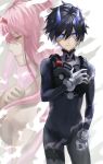  1boy 1girl bangs black_bodysuit black_hair blue_eyes blue_horns bodysuit breasts closed_eyes commentary_request couple darling_in_the_franxx eyebrows_visible_through_hair gloves hair_over_breasts hand_on_own_chest hetero highres hiro_(darling_in_the_franxx) horns long_hair looking_at_viewer medium_breasts oni_horns pilot_suit pink_hair red_horns sa_nomaru shirtless short_hair white_gloves zero_two_(darling_in_the_franxx) 