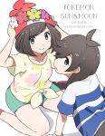  1boy 1girl beanie black_hair copyright_request dated floral_print green_shorts hat head_wreath kokoroko mizuki_(pokemon) pokemon pokemon_(game) pokemon_sm red_hat shirt short_hair short_sleeves shorts simple_background sitting smile striped striped_shirt tied_shirt white_background you_(pokemon) z-ring 