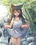  1girl :d animal_ears bangs bare_arms black_footwear blush breasts brown_hair cat_ears cleavage day dress eyebrows_visible_through_hair forest hair_between_eyes highres long_hair nature open_mouth original outdoors red_eyes river rock sandals skirt_hold sleeveless sleeveless_dress small_breasts smile solo standing standing_on_one_leg tandohark very_long_hair water waterfall white_dress 