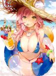  3girls absurdres animal_ears ball bikini blue_bikini blue_ribbon blurry blurry_background bracelet breasts cleavage clouds cloudy_sky cropped day drink ears_through_headwear erect_nipples fate/grand_order fate_(series) food fou_(fate/grand_order) fox_ears fox_tail fruit hair_ribbon hat highres holding innertube jewelry large_breasts leaning_forward long_hair looking_at_viewer mouth_hold multiple_girls necklace ocean outdoors pink_hair ribbon scan sky smile souji_hougu spoon spoon_in_mouth starfish straw_hat strawberry sun_hat swimsuit tail tamamo_(fate)_(all) tamamo_no_mae_(fate) tamamo_no_mae_(swimsuit_lancer)_(fate) yellow_eyes 