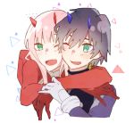  1boy 1girl arm_around_neck bangs black_bodysuit black_hair blue_horns bodysuit commentary_request couple darling_in_the_franxx fang gloves green_eyes hand_on_another&#039;s_arm hetero highres hiro_(darling_in_the_franxx) horns hug hug_from_behind leje39 long_hair one_eye_closed oni_horns open_mouth pilot_suit pink_hair red_bodysuit red_gloves red_horns short_hair white_gloves zero_two_(darling_in_the_franxx) 