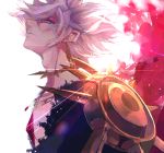  1boy blue_eyes choker earrings expressionless face fate/apocrypha fate/grand_order fate_(series) jewelry karna_(fate) male_focus messy_hair pauldrons pekerika profile simple_background solo spikes white_background white_hair 