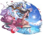  1girl ass bangs bare_legs bare_shoulders barefoot bikini bird bracelet breasts brown_hair closed_mouth clouds cloudy_sky day floral_print granblue_fantasy hat jewelry large_breasts legs_crossed lips long_hair looking_at_viewer looking_back minaba_hideo nail_polish ocean official_art outdoors palm_tree petals purple_bikini rosetta_(granblue_fantasy) sarong seagull see-through sitting sky solo sun sun_hat sunlight swimsuit transparent_background tree very_long_hair violet_eyes water 