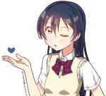  1girl bangs blue_hair blush commentary_request hair_between_eyes heart long_hair looking_at_viewer love_live! love_live!_school_idol_project one_eye_closed otonokizaka_school_uniform simple_background skull573 solo sonoda_umi white_background yellow_eyes 