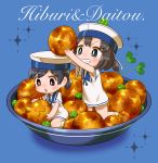  2girls black_hair blue_background blue_eyes blue_sailor_collar brown_eyes chaki_(teasets) daitou_(kantai_collection) dress food grin hat hiburi_(kantai_collection) kantai_collection minigirl multiple_girls open_mouth oversized_object ponytail potato sailor_collar sailor_dress sailor_hat short_hair short_sleeves smile sparkle_background white_hat 
