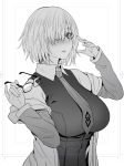  1girl arm_up bangs bare_shoulders blush breasts collared_shirt commentary_request facing_viewer fate/grand_order fate_(series) glasses greyscale hair_over_one_eye holding holding_eyewear jacket_on_shoulders large_breasts looking_at_viewer mash_kyrielight monochrome necktie parted_lips shirt short_hair sleeveless standing vest zhen_lu 