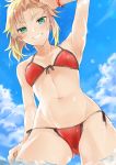  1girl absurdres arm_up bangs bare_arms bare_shoulders bikini blonde_hair blue_sky breasts clouds collarbone commentary_request day dutch_angle eyebrows_visible_through_hair fate/grand_order fate_(series) from_below front-tie_bikini front-tie_top green_eyes grin groin highres looking_at_viewer looking_down mordred_(fate)_(all) mordred_(swimsuit_rider)_(fate) navel outdoors red_bikini side-tie_bikini sky small_breasts smile solo swimsuit tomozero water wet wet_hair 