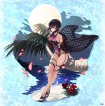  artemis_(phantom_of_the_kill) background beach black_hair black_killers_(phantom_of_the_kill) blonde_hair blush breasts company_name eyebrows_visible_through_hair flower full_body green_eyes hair_between_eyes large_breasts leaves_in_wind moon moonlight multicolored_hair night night_sky ocean official_art one-piece_swimsuit palm_tree petals phantom_of_the_kill rinzo sandals shore short_hair sky star_(sky) starry_sky swimsuit tree 