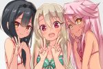  3girls bangs bare_shoulders black_hair blush breasts chloe_von_einzbern closed_mouth collarbone dark_skin eyebrows_visible_through_hair eyelashes fate/kaleid_liner_prisma_illya fate_(series) hair_between_eyes illyasviel_von_einzbern long_hair miyu_edelfelt multiple_girls nishin_(nsn_0822) open_mouth pink_hair red_eyes small_breasts smile white_hair yellow_eyes 