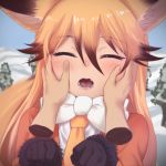  1girl animal_ears bangs black_gloves blush bow bowtie brown_hair closed_eyes disembodied_limb eyebrows_visible_through_hair ezo_red_fox_(kemono_friends) fangs fox_ears fox_girl fox_tail fur-trimmed_sleeves fur_trim gloves hair_between_eyes hands_on_another&#039;s_cheeks hands_on_another&#039;s_face jacket kemono_friends long_hair long_sleeves nyifu open_mouth orange_hair orange_jacket snow straight_hair tail teeth tree upper_body white_bow white_neckwear yellow_neckwear 