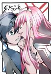  1boy 1girl bangs black_hair blue_eyes breasts coat commentary commentary_request couple darling_in_the_franxx english_commentary face-to-face facing_another forehead-to-forehead green_eyes hair_ornament hairband hand_on_another&#039;s_face hetero highres hiro_(darling_in_the_franxx) horns jacket_on_shoulders long_coat long_hair long_sleeves looking_at_another medium_breasts military military_uniform necktie oni_horns open_clothes open_coat pink_hair red_horns red_neckwear short_hair translated uniform user_vjpw4772 white_hairband zero_two_(darling_in_the_franxx) 