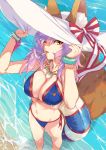  1girl animal_ears beach bell bell_collar bikini blue_bikini breasts cleavage collar commentary_request ears_through_headwear fate/extra fate/grand_order fate_(series) food food_in_mouth fox_ears fox_tail from_above hat highres innertube large_breasts ohland pink_hair popsicle side-tie_bikini solo sun_hat swimsuit tail tamamo_(fate)_(all) tamamo_no_mae_(fate) tamamo_no_mae_(swimsuit_lancer)_(fate) water waves yellow_eyes 