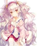  1girl :o animal_ears azur_lane bangs bare_shoulders blush camisole collarbone commentary_request eyebrows_visible_through_hair fur-trimmed_jacket fur_trim hair_between_eyes hair_ornament hairband hand_up head_tilt jacket laffey_(azur_lane) long_hair long_sleeves looking_at_viewer open_clothes open_jacket orange_eyes parted_lips pink_jacket pleated_skirt rabbit_ears red_hairband red_skirt shintou silver_hair simple_background skirt sleeves_past_wrists solo strap_slip thigh-highs twintails very_long_hair white_background white_camisole white_legwear 