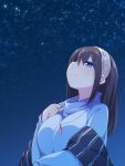  1girl bangs blue_eyes blue_sweater blush breasts brown_hair closed_mouth commentary_request eyebrows_visible_through_hair hair_between_eyes hairband hand_up idolmaster idolmaster_cinderella_girls jewelry long_hair long_sleeves looking_away looking_up medium_breasts night night_sky pendant profile sagisawa_fumika shawl sky smile solo star_(sky) starry_sky sweater ushi white_hairband 