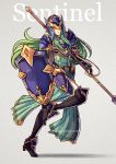  1girl armor breastplate fire_emblem fire_emblem:_akatsuki_no_megami fire_emblem:_souen_no_kiseki green_eyes green_hair grey_background gzei helm helmet high_heels holding holding_spear holding_weapon long_hair looking_at_viewer nephenee pauldrons polearm simple_background skirt solo spear thigh-highs weapon 