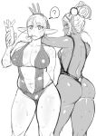  2girls arm_behind_back ass bare_shoulders belly breasts elf-san_wa_yaserarenai. erufuda-san food french_fries highres hips kuroeda-san looking_at_viewer looking_back medium_breasts monochrome multiple_girls plump pointy_ears sideboob simple_background sketch synecdoche thick_thighs thighs white_background 