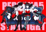  4girls alternate_costume arm_around_shoulder black_gloves boots breasts choker cleavage copyright_name corset couch elbow_gloves fishnet_legwear fishnets gloves hat high_heel_boots high_heels hitoki_(kokusei1977) long_hair looking_at_viewer multiple_girls niijima_makoto okumura_haru peaked_cap persona persona_5 persona_5:_dancing_star_night red_background sakura_futaba short_hair short_shorts shorts shoulder-to-shoulder sitting striped striped_legwear sunglasses takamaki_anne thigh-highs thigh_boots tongue tongue_out twintails 
