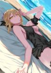  1girl absurdres armband artoria_pendragon_(all) artoria_pendragon_(swimsuit_rider_alter) beach black_bow black_swimsuit blonde_hair bow breasts center_opening day dutch_angle fate/grand_order fate/stay_night fate_(series) hair_bow highres hot looking_at_viewer lying medium_breasts ocean ohland on_back one-piece_swimsuit shade solo sweat swimsuit yellow_eyes 