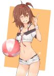  1girl ahoge ball beachball bikini bikini_under_clothes blush breasts brown_eyes brown_hair cleavage collarbone commentary_request crop_top dan_(kumadan) eyebrows_visible_through_hair hair_between_eyes hairband kantai_collection light_blush looking_at_viewer navel one_eye_closed open_mouth red_hairband shiratsuyu_(kantai_collection) short_hair short_shorts shorts side_ponytail simple_background small_breasts smile swimsuit teeth yellow_eyes 