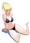  1girl arm_support bare_legs barefoot bikini black_bikini blonde_hair blue_eyes breasts cleavage closed_mouth full_body halterneck highres large_breasts navel original short_ponytail sidelocks sitting solo string_bikini swimsuit washi_no_tosaka wet yokozuwari 