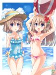  2girls ball beachball blue_eyes blush breasts brown_hair eyebrows_visible_through_hair flower hair_flower hair_ornament hat highres kazuneko_(wktk1024) long_hair looking_at_viewer multiple_girls neptune_(series) one-piece_swimsuit open_mouth ram_(choujigen_game_neptune) rom_(choujigen_game_neptune) shiny shiny_hair shiny_skin short_hair siblings sisters small_breasts smile swimsuit twins 