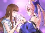  2girls animal_ears bangs bare_shoulders blue_bow blush bow brown_eyes brown_hair collarbone commentary_request detached_sleeves fang fate/extella fate/extra fate_(series) fox_ears from_side hair_bow hand_holding highres jewelry kishinami_hakuno_(female) long_hair motonaka_kei multiple_girls pink_hair profile ring smile tamamo_(fate)_(all) tamamo_no_mae_(fate) upper_body yellow_eyes yuri 