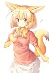  1girl absurdres animal_ears animal_ears_(artist) blonde_hair bow bowtie cowboy_shot extra_ears eyebrows_visible_through_hair fennec_(kemono_friends) fox_ears fox_tail fur_trim gloves hand_up heart highres kemono_friends light_smile miniskirt pink_sweater short short_sleeve_sweater short_sleeves simple_background skirt solo sweater tail white_background white_skirt yellow_neckwear 