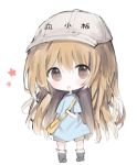  1girl :d bag bangs black_footwear blue_shirt blush boots brown_eyes brown_shorts character_name chibi commentary_request cottontailtokki flat_cap full_body grey_hat hair_between_eyes hat hataraku_saibou highres light_brown_hair long_hair looking_at_viewer open_mouth pigeon-toed platelet_(hataraku_saibou) shirt short_shorts short_sleeves shorts shoulder_bag smile solo standing very_long_hair white_background 