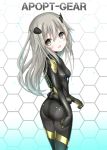  1girl ass black_bodysuit blush bodysuit breasts from_behind grey_eyes grey_hair highres langley1000 long_hair looking_back open_mouth original pilot_suit skin_tight small_breasts smile solo tight 