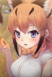  1girl :d animal_ears bangs black_hair blue_eyes blush bow bowtie breasts caracal_(kemono_friends) caracal_ears elbow_gloves eyebrows_visible_through_hair fang gloves grass hair_between_eyes kemono_friends looking_at_viewer medium_breasts multicolored_hair nyifu open_mouth orange_bow orange_hair orange_neckwear outdoors paw_pose shirt short_hair sleeveless sleeveless_shirt smile solo teeth tree white_shirt 