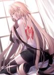  1girl ahoge ass back_tattoo bare_shoulders bed_sheet black_legwear black_ribbon black_shorts blonde_hair blue_eyes blush commentary fate/apocrypha fate/grand_order fate_(series) highres holding holding_ribbon indoors jeanne_d&#039;arc_(fate) jeanne_d&#039;arc_(fate)_(all) long_hair looking_at_viewer looking_back ribbon shinooji shirt shorts sitting sleeveless sleeveless_shirt tattoo thigh-highs very_long_hair white_shirt window 