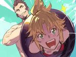  1boy 1girl beard bikini blonde_hair brown_hair cannon clenched_teeth clouds diffraction_spikes facial_hair fate/grand_order fate_(series) goatee green_eyes grin looking_at_viewer mordred_(fate)_(all) mordred_(swimsuit_rider)_(fate) napoleon_bonaparte_(fate/grand_order) open_mouth pako sideburns smile swimsuit teeth 