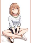  1girl absurdres adidas bangs blonde_hair blue_eyes blush bob_cut gym_shirt gym_shorts hair_between_eyes highres indian_style looking_at_viewer mango_(mgo) nike original product_placement shirt shoes short_hair shorts sitting slit_pupils smile sneakers solo v_arms 