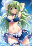  1girl :o ahoge armpits arms_behind_head bikini blue_bikini blue_choker blue_ribbon blue_sky breasts choker clouds commentary_request day frog_hair_ornament green_eyes green_hair hair_ornament hair_tubes highres kisaragi_yuri kochiya_sanae leg_garter long_hair looking_at_viewer medium_breasts navel partially_submerged ribbon ribbon_choker sky snake_hair_ornament solo swimsuit touhou water 