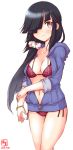  1girl artist_logo bangs bikini black_hair blunt_bangs bracelet brown_bikini brown_eyes commentary_request dated hair_ornament hair_over_one_eye hair_scrunchie hayashimo_(kantai_collection) highres jewelry kanon_(kurogane_knights) kantai_collection long_hair looking_at_viewer parted_lips polka_dot polka_dot_scrunchie scrunchie side-tie_bikini simple_background smile solo swimsuit very_long_hair white_background 