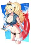  1girl bandage bikini bikini_under_clothes black_bikini black_hairband blonde_hair blue_eyes blue_shirt blue_sky breast_pocket breasts clouds commentary_request cowboy_shot enemy_lifebuoy_(kantai_collection) gambier_bay_(kantai_collection) hairband highres kantai_collection kinsenka_momi large_breasts looking_at_viewer pocket sandal_removed shirt sky solo swimsuit tied_shirt twintails 