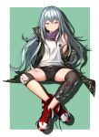  1girl ahd ahoge bangs bare_shoulders black_shorts boots brown_eyes checkered checkered_background closed_mouth commentary_request eyebrows_visible_through_hair g11_(girls_frontline) girls_frontline green_jacket hair_between_eyes head_tilt highres jacket long_hair long_sleeves looking_at_viewer off_shoulder open_clothes open_jacket red_footwear shirt short_shorts shorts silver_hair sitting sleeveless sleeveless_shirt sleeves_past_fingers sleeves_past_wrists solo very_long_hair white_shirt 