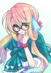  1girl blonde_hair blue_eyes glasses gradient gradient_background gradient_hair green_background hand_on_own_cheek haruno_sora long_hair looking_at_viewer multicolored_hair red-framed_eyewear simple_background solo trpg01 upper_body vocaloid voiceroid 