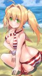  1girl ahoge beach bikini blonde_hair blue_sky breasts clouds criss-cross_halter day fate/grand_order fate_(series) green_eyes halterneck highres large_breasts m.m navel nero_claudius_(fate) nero_claudius_(fate)_(all) nero_claudius_(swimsuit_caster)_(fate) ocean outdoors sand side-tie_bikini sky striped striped_bikini swimsuit twintails water 