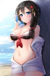  1girl arm_up bangs beach bikini black_hair blue_eyes blue_sky blush bottle braid breasts cleavage closed_mouth clouds cowboy_shot doyouwantto eyebrows_visible_through_hair hair_between_eyes hair_flaps hair_ornament hair_over_shoulder hairclip holding holding_bottle jacket kantai_collection long_hair looking_at_viewer navel neckerchief remodel_(kantai_collection) ribbon sand shigure_(kantai_collection) single_braid sky smile solo standing sweat swimsuit undressing wall water_bottle wet 