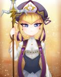  1girl beret blonde_hair blue_eyes commentary_request glaring hat heart highres kirby:_star_allies kirby_(series) littlecloudie looking_at_viewer personification polearm signature spear weapon yellow_background zan_partizanne 