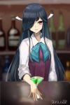  1girl bangs black_hair blunt_bangs bow bowtie cocktail drink hair_over_one_eye hair_ribbon halterneck hayashimo_(kantai_collection) highres kantai_collection long_hair ribbon school_uniform shirt sleeves_rolled_up solo upper_body very_long_hair white_shirt yamashiki_(orca_buteo) 