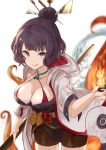  1girl breasts cleavage commentary_request fate/grand_order fate_(series) hair_ornament hair_stick hairpin halterneck hood hooded_jacket jacket katsushika_hokusai_(fate/grand_order) large_breasts leotard octopus purple_hair short_hair solo tentacle violet_eyes yatsuka_(846) 