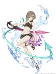  1girl absurdres aqua_eyes ball bikini brown_hair eyebrows_visible_through_hair flat_chest flower frills full_body gretel_(sinoalice) hair_flower hair_ornament hansel_(sinoalice) highres holding holding_ball ji_no looking_at_viewer navel official_art reverse_grip sandals side-tie_bikini sinoalice smile solo swimsuit sword water weapon white_background 