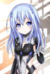  1girl arm_up beatless black_gloves black_leotard blue_eyes blue_hair bodysuit elbow_gloves gloves highres langley1000 leicia leotard long_hair looking_at_viewer outstretched_hand smile solo upper_body 