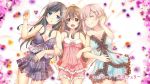  3girls :d artist_request bangs bare_shoulders black_hair blue_eyes blush breasts brown_hair chick_on_head closed_eyes closed_mouth collarbone end_card eyebrows_visible_through_hair fang flower frills hair_between_eyes hair_ornament hairclip highres kazami_yuri lingerie locked_arms long_hair looking_at_viewer lying medium_breasts multiple_girls negligee on_back open_mouth parted_lips pink_hair red_eyes smile sunoharasou_no_kanrinin-san swept_bangs underwear underwear_only very_long_hair yamanashi_sumire yukimoto_yuzu 