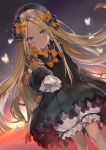  1girl abigail_williams_(fate/grand_order) bangs black_bow black_dress black_hat blonde_hair bloomers blue_eyes bow bug butterfly closed_mouth dress dutch_angle eyebrows_visible_through_hair fate/grand_order fate_(series) forehead hair_bow hat highres insect long_hair long_sleeves looking_at_viewer momoko_(momopoco) object_hug orange_bow parted_bangs polka_dot polka_dot_bow sleeves_past_fingers sleeves_past_wrists solo stuffed_animal stuffed_toy teddy_bear underwear very_long_hair white_bloomers 