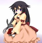  1girl alice_(pandora_hearts) black_hair bow dress hekikuu_(kanaderuyume) long_hair long_sleeves pandora_hearts red_bow smile solo stuffed_animal stuffed_bunny stuffed_toy very_long_hair violet_eyes 